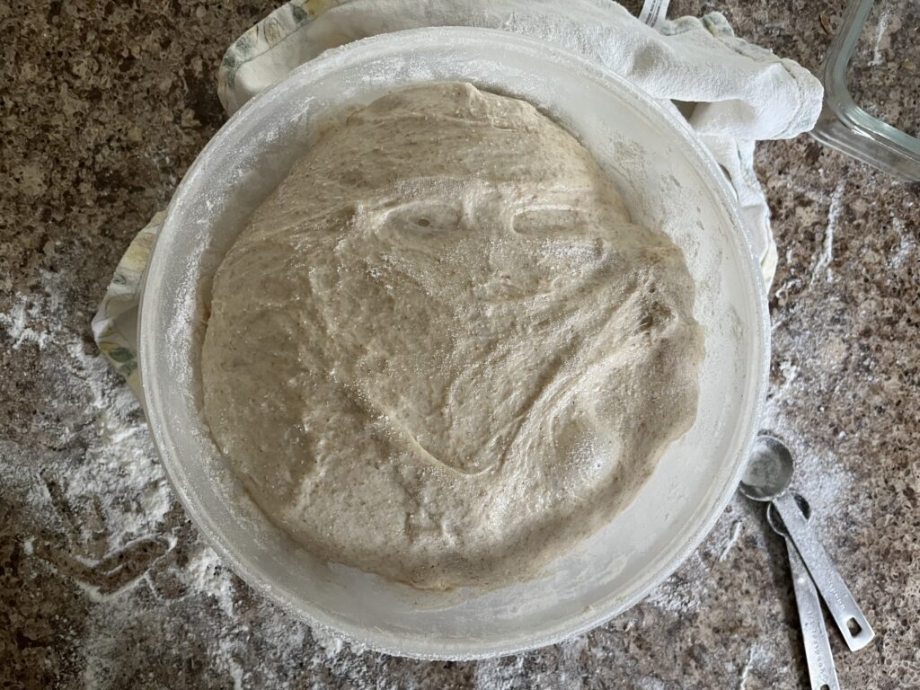 The bread bowl is unwrapped and the dough has risen.