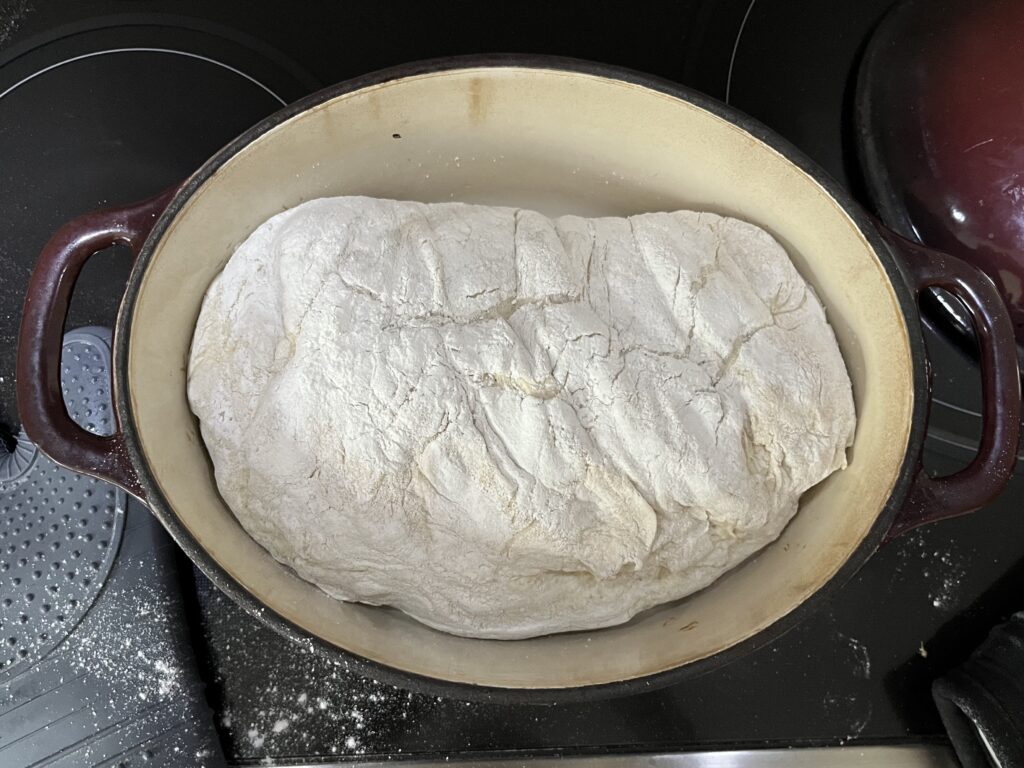 A dutch oven containing risen bread dough.