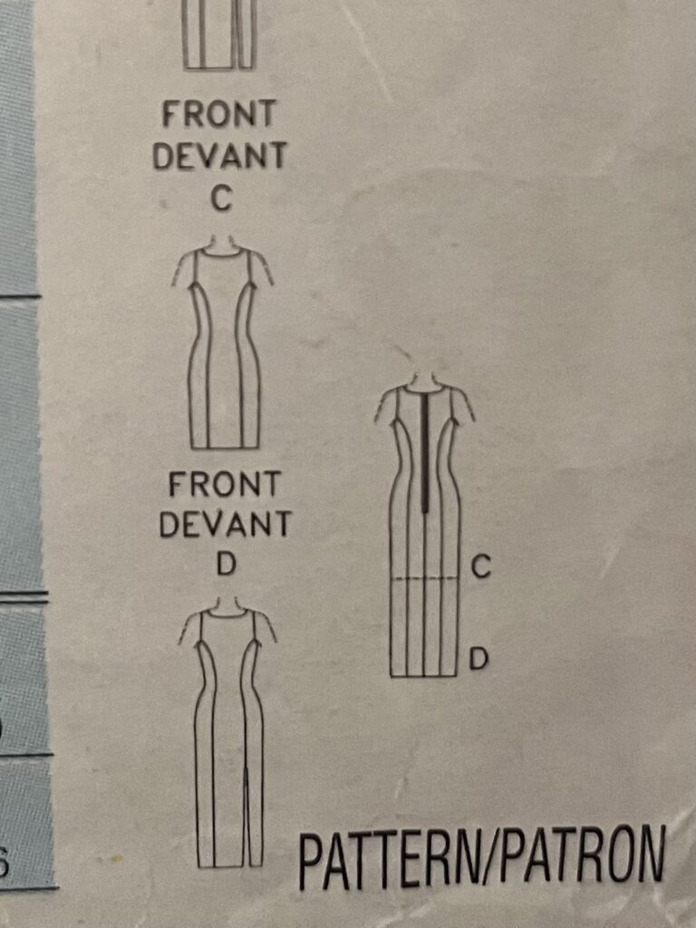 Detail photo of the back of the Butterick 4300 pattern envelope, showing the line art for the pattern.