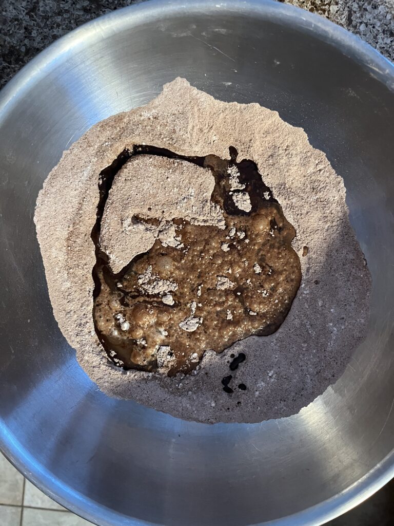 Cake dry and wet ingredients in a mixing bowl