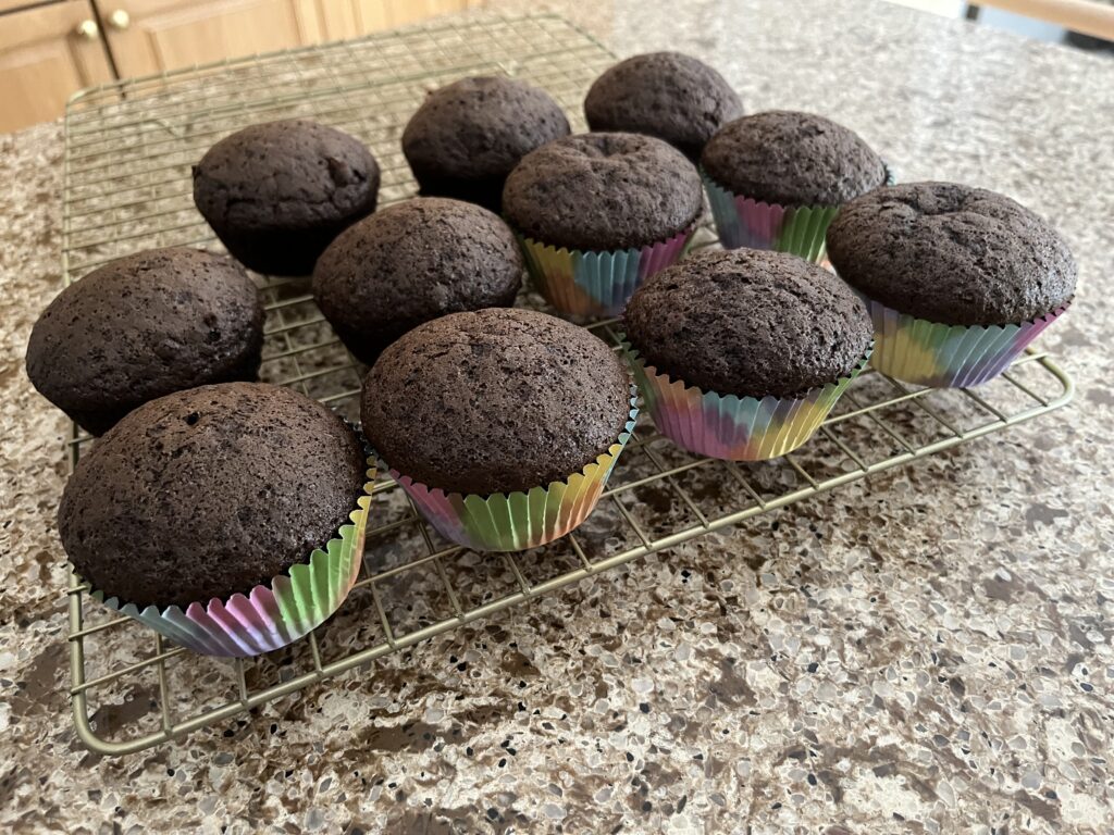 Baked chocolate cupcakes cooling on a wire rack.